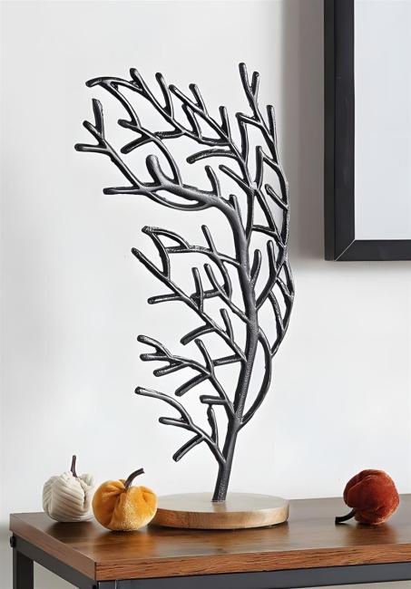 Dekobaum "Stürmisch" Baum aus Aluminiumguss, schwarz, Sockel aus Mango Holz, 42 cm hoch, Dekofigur, Skulptur