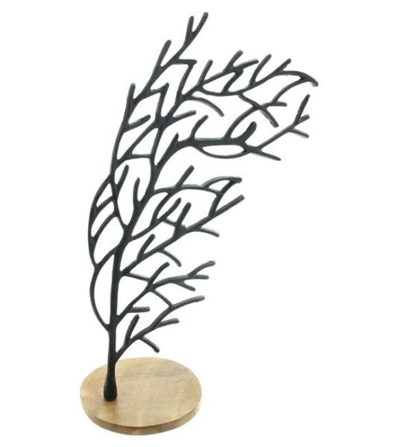 Preview: Dekobaum "Stürmisch" Baum aus Aluminiumguss, schwarz, Sockel aus Mango Holz, 42 cm hoch, Dekofigur, Skulptur