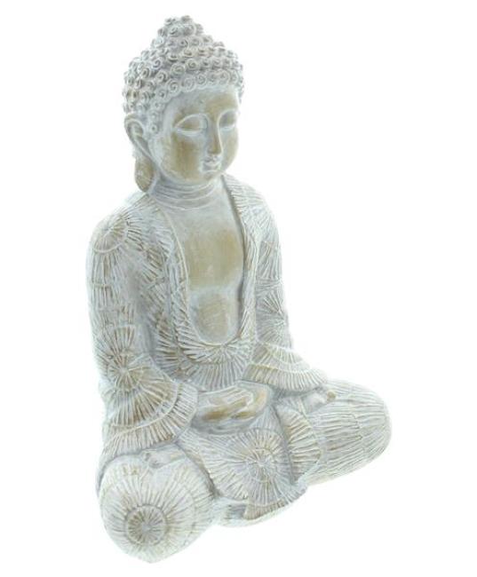 Preview: Dekofigur Buddha "Ruhe" aus Polyresin, weiß gekalkt, Buddhafigur, Figur meditierend