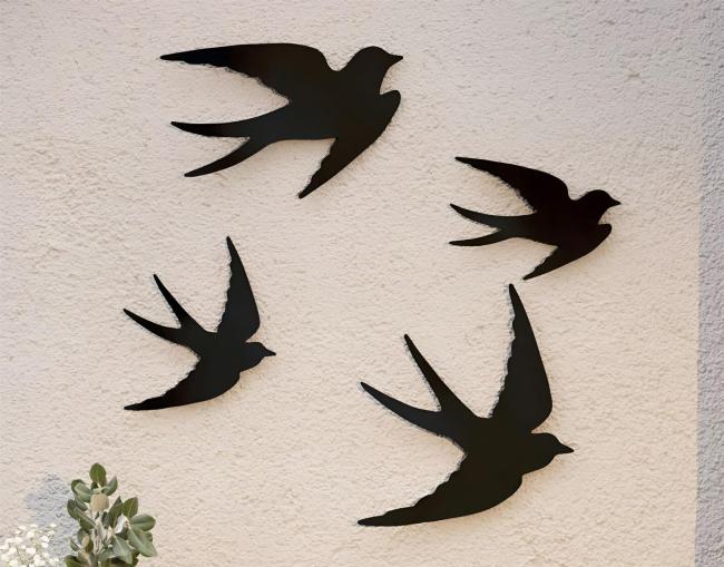 4x Wanddeko "Vögel" aus Metall, matt schwarz, Wandhänger, Wandtattoo, Metallbild