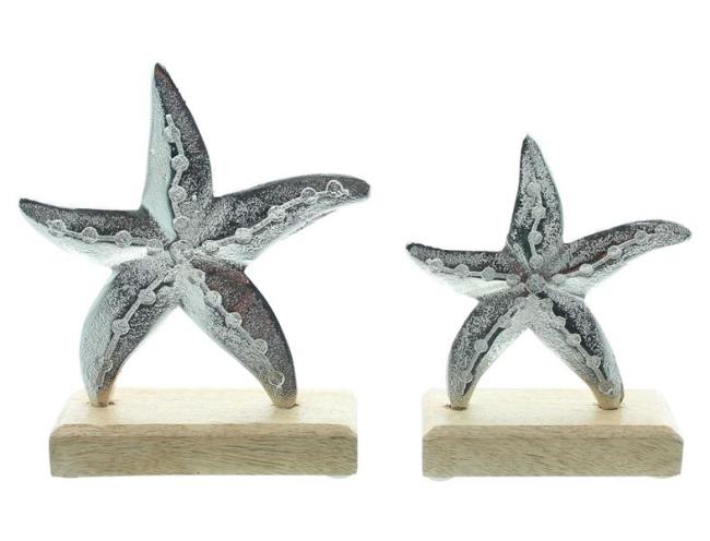 Preview: 2x Dekofigur "Seestern" aus Aluminium im Antik Design, Sockel aus Mango Holz, Tischdeko maritim