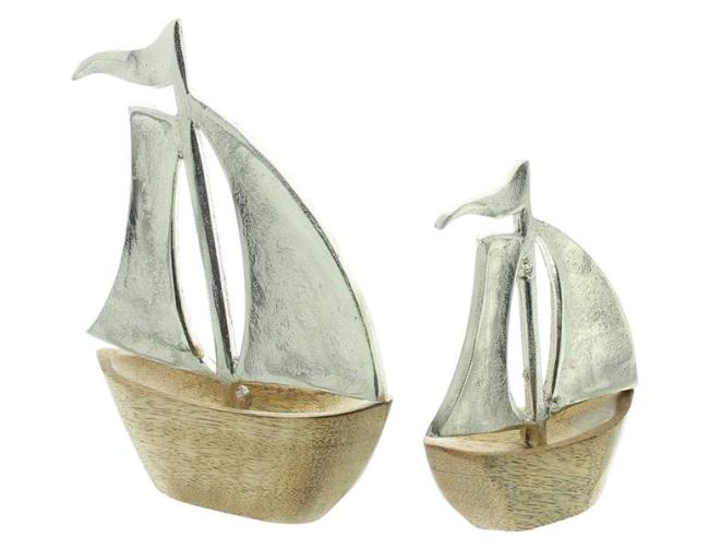 Preview: 2x Dekofigur "Segelboot" aus Aluminiumguss & Mango Holz, maritime Deko, Segelschiff, Dekoboot, Holzschiffchen