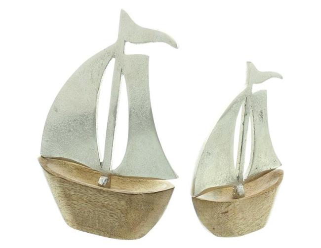 Preview: 2x Dekofigur "Segelboot" aus Aluminiumguss & Mango Holz, maritime Deko, Segelschiff, Dekoboot, Holzschiffchen