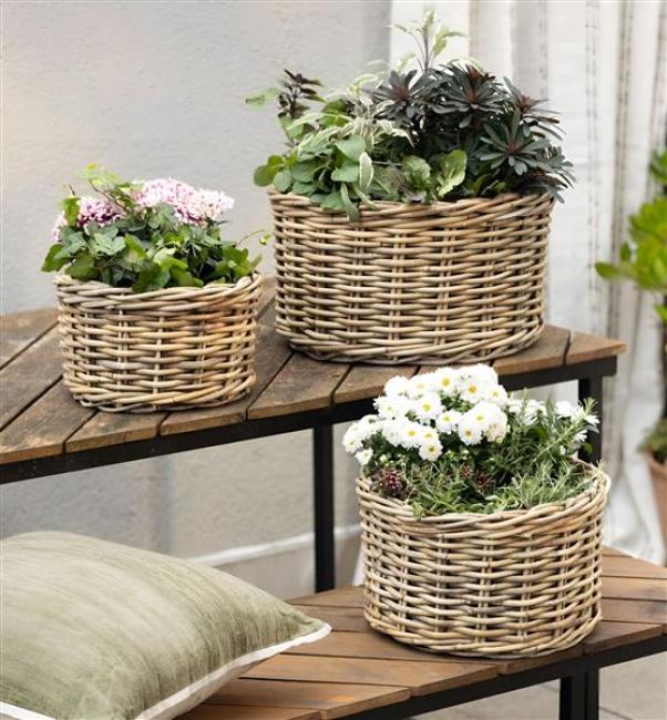 Preview: 3x Pflanzkorb "Koboo Grey" aus Rattan, Ø 26, 32, 40 cm, Blumentopf, Pflanzkübel, Pflanztopf für Draußen, Blumenkübel