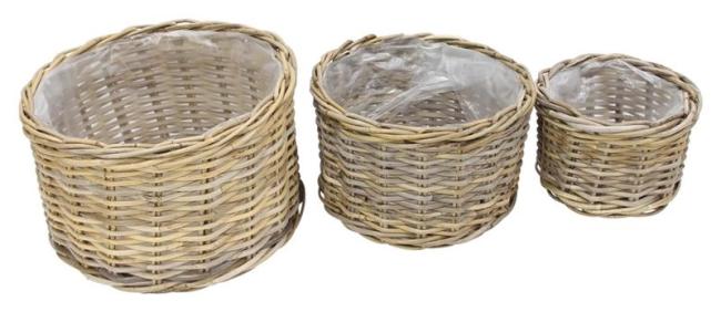 Preview: 3x Pflanzkorb "Koboo Grey" aus Rattan, Ø 26, 32, 40 cm, Blumentopf, Pflanzkübel, Pflanztopf für Draußen, Blumenkübel