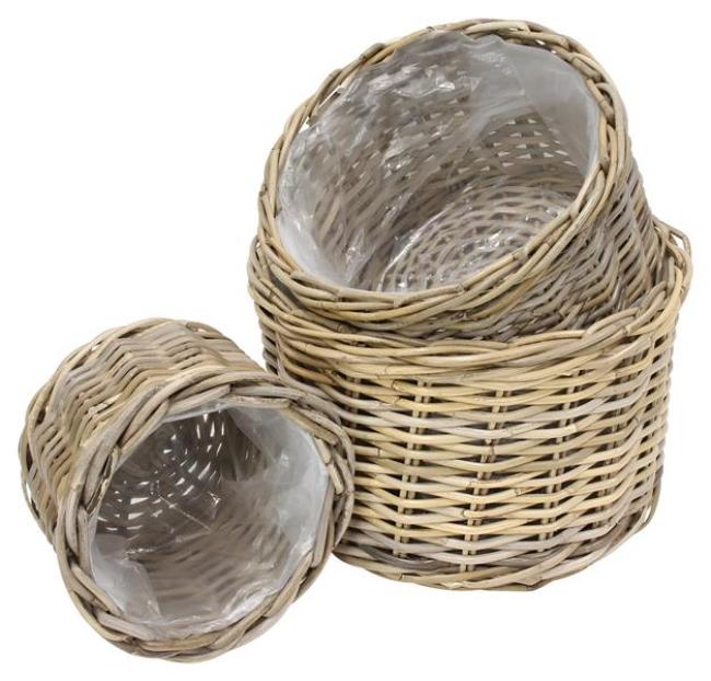 Preview: 3x Pflanzkorb "Koboo Grey" aus Rattan, Ø 26, 32, 40 cm, Blumentopf, Pflanzkübel, Pflanztopf für Draußen, Blumenkübel