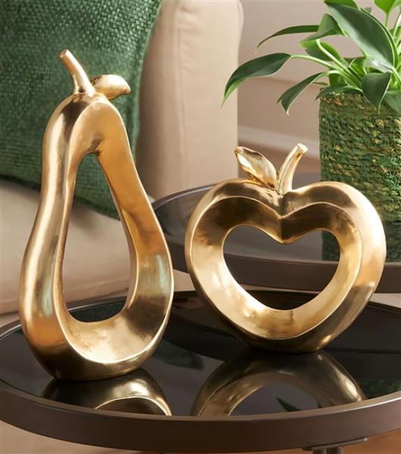 Preview: 2x Dekofigur "Apfel & Birne" aus Polyresin in Gold, 17 + 26 cm hoch, Tischdeko, Dekoobst, Figurenset