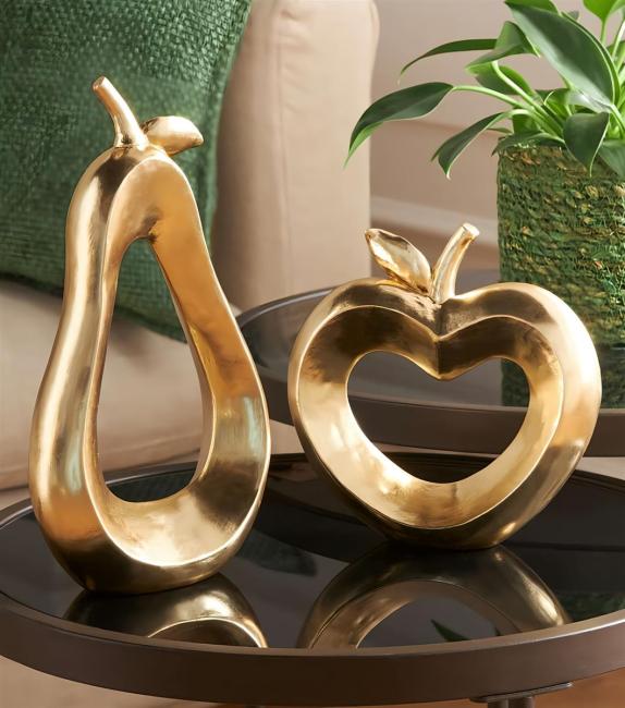 2x Dekofigur "Apfel & Birne" aus Polyresin in Gold, 17 + 26 cm hoch, Tischdeko, Dekoobst, Figurenset