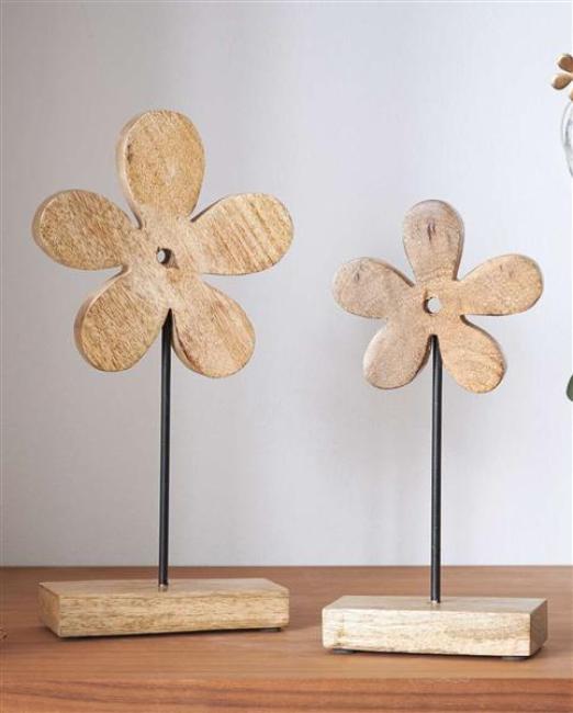 Preview: 2x Dekofigur "Blume" aus Mango Holz, 25 + 30 cm hoch, Tischdeko, Holzdeko