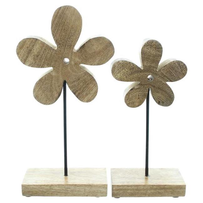 Preview: 2x Dekofigur "Blume" aus Mango Holz, 25 + 30 cm hoch, Tischdeko, Holzdeko