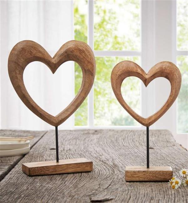 Preview: 2x Dekofigur "Herz" aus Mango Holz, 25 + 31 cm hoch, Tischdeko, Dekoherz, Hochzeitsdeko