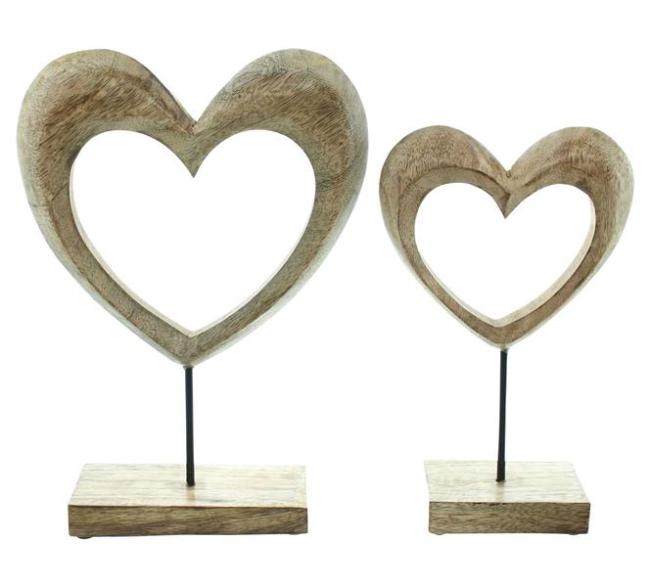 Preview: 2x Dekofigur "Herz" aus Mango Holz, 25 + 31 cm hoch, Tischdeko, Dekoherz, Hochzeitsdeko