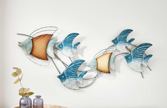 3D Wanddeko "Fischschwarm" aus Metall, 89x39 cm, maritim, Wandbild, Wandschmuck, Metalldeko