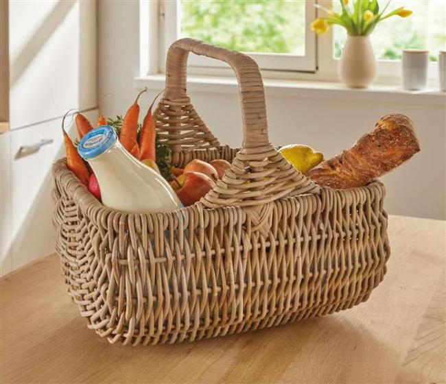 Preview: Einkaufskorb "Koboo Grey" aus Rattan, grau lackiert, 40x30 cm groß, Bügelkorb, Tragekorb, Flechtkorb
