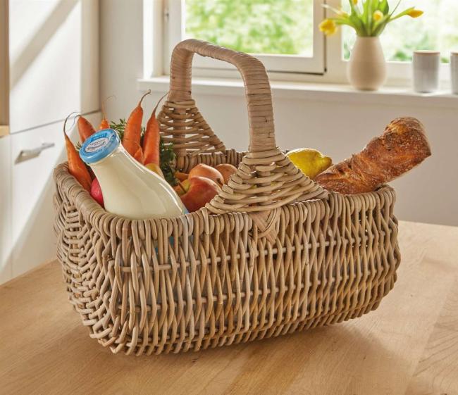 Einkaufskorb "Koboo Grey" aus Rattan, grau lackiert, 40x30 cm groß, Bügelkorb, Tragekorb, Flechtkorb