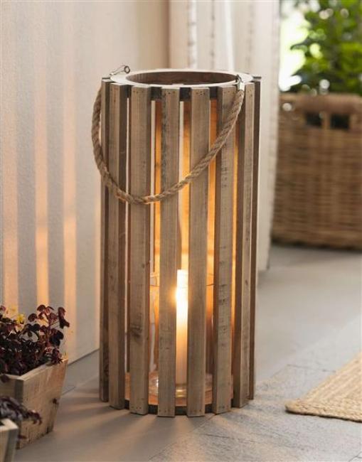 Preview: Laterne "Recycelt" aus recyceltem Holz mit Windlichtglas, Ø 28 x 58 cm, große Holzlaterne, Kerzensäule