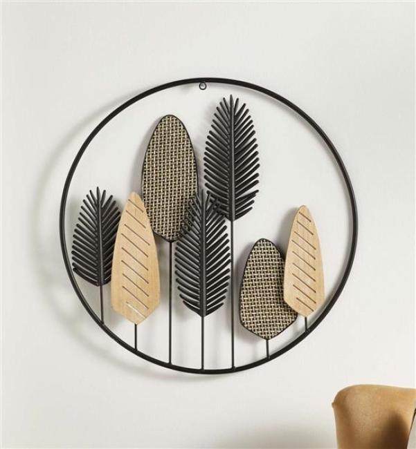 Preview: Wanddeko "Blätter" aus Metall schwarz & Holz, rund, Ø 56 cm, Wandbild, Wandschmuck, Metallbild