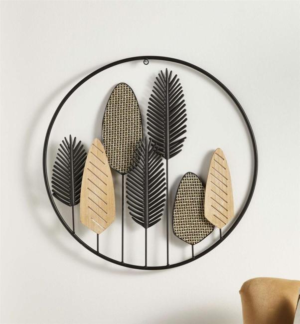 Wanddeko "Blätter" aus Metall schwarz & Holz, rund, Ø 56 cm, Wandbild, Wandschmuck, Metallbild