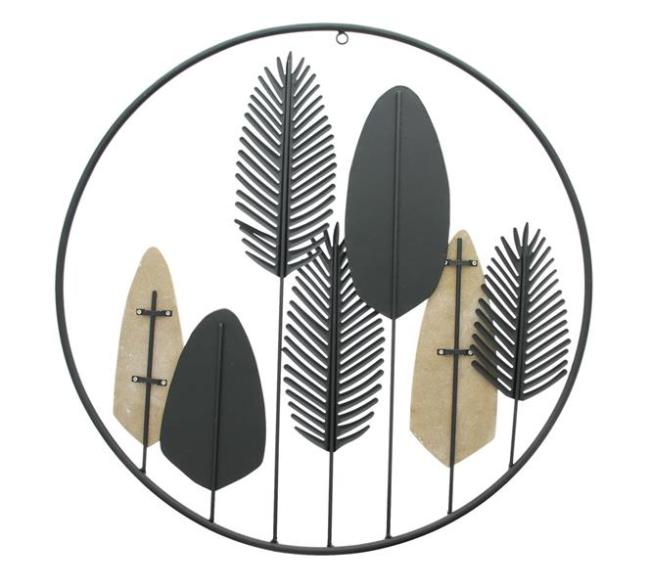 Preview: Wanddeko "Blätter" aus Metall schwarz & Holz, rund, Ø 56 cm, Wandbild, Wandschmuck, Metallbild