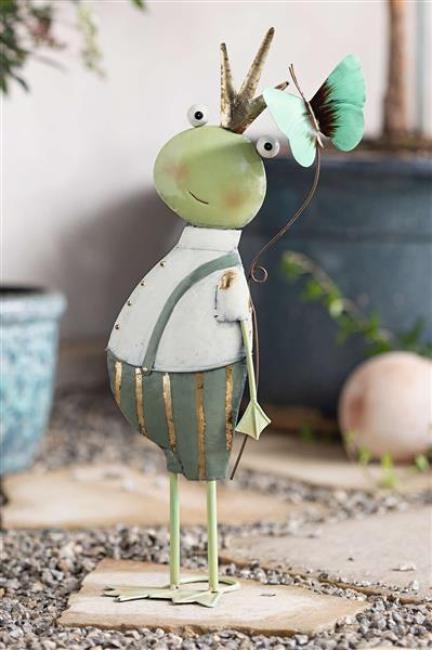 Preview: Dekofigur "Frosch mit Schmetterling" aus Metall, 49 cm hoch, Froschkönig, Froschfigur, Froschdeko, Gartendeko für Draußen