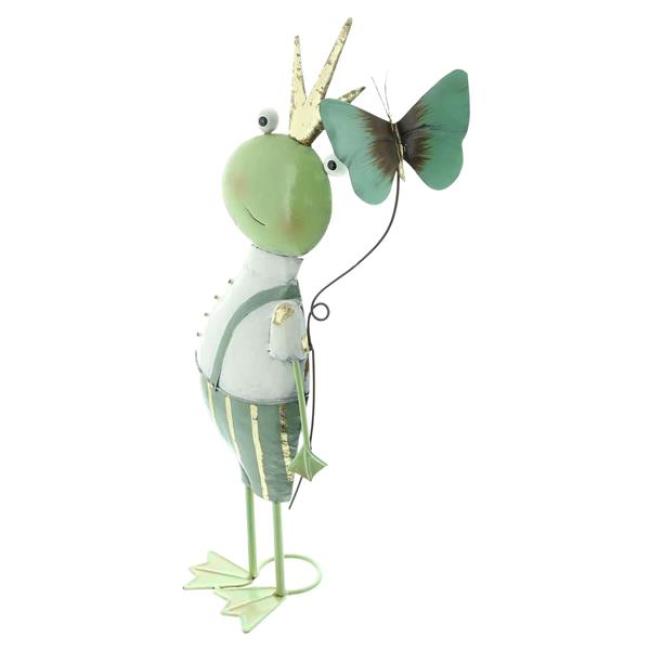 Preview: Dekofigur "Frosch mit Schmetterling" aus Metall, 49 cm hoch, Froschkönig, Froschfigur, Froschdeko, Gartendeko für Draußen