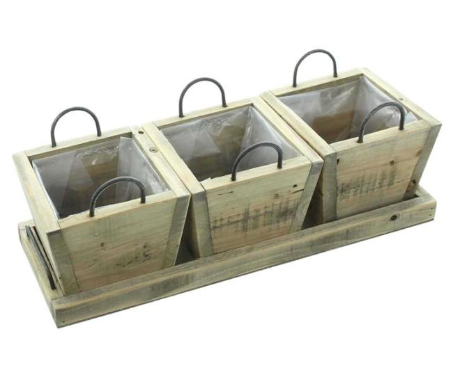 Preview: 3 Mini Pflanztöpfe mit Tablett, aus recyceltem Holz, Blumentopf für In- & Outdoor, Pflanzgefäß eckig, Pflanzkübel