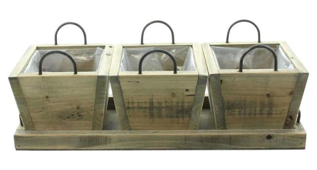 Preview: 3 Mini Pflanztöpfe mit Tablett, aus recyceltem Holz, Blumentopf für In- & Outdoor, Pflanzgefäß eckig, Pflanzkübel