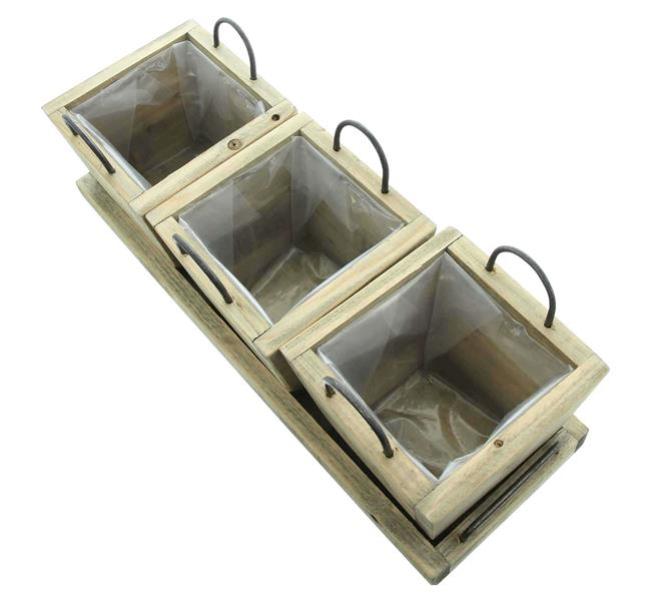 3 Mini Pflanztöpfe mit Tablett, aus recyceltem Holz, Blumentopf für In- & Outdoor, Pflanzgefäß eckig, Pflanzkübel