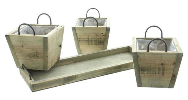 3 Mini Pflanztöpfe mit Tablett, aus recyceltem Holz, Blumentopf für In- & Outdoor, Pflanzgefäß eckig, Pflanzkübel