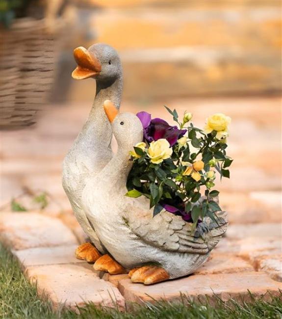 Preview: Pflanzer "Gänsepaar" aus Polyresin, wetterfest, Pflanztopf, Outdoor Blumentopf, Pflanzgefäß, Gartendeko für Außen