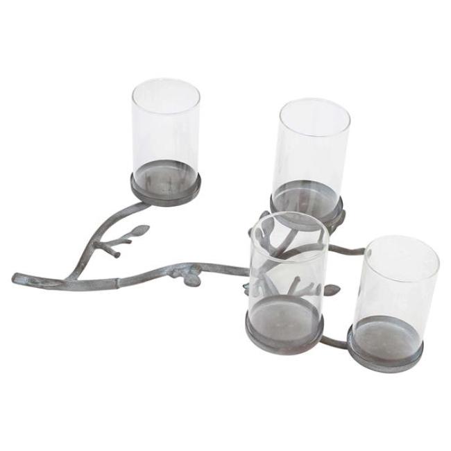 Preview: Kerzenhalter "Zweig" aus Metall in Antik Optik, 4 Windlicht Gläser, filigraner Kerzenständer für Stumpenkerzen