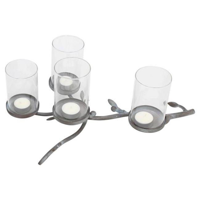 Kerzenhalter "Zweig" aus Metall in Antik Optik, 4 Windlicht Gläser, filigraner Kerzenständer für Stumpenkerzen