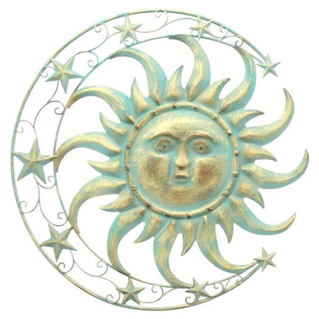 Preview: 3D Wanddeko "Sonne, Mond & Sterne" aus Metall, mintgrün & gold, Ø 46 cm, Metallbild, Wandbild