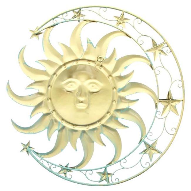 Preview: 3D Wanddeko "Sonne, Mond & Sterne" aus Metall, mintgrün & gold, Ø 46 cm, Metallbild, Wandbild