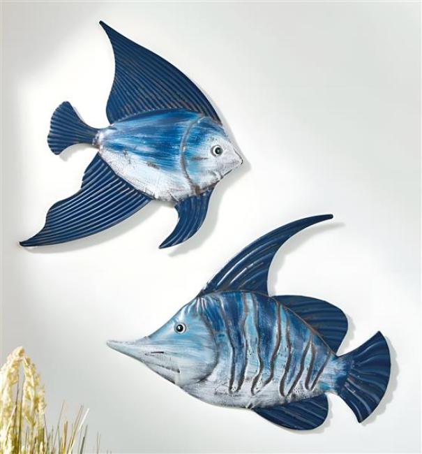 Preview: 2x Wanddeko "Fische" aus Metall, 28 + 36 cm, Deko maritim, Wandbild, Wandschmuck, Metalldeko