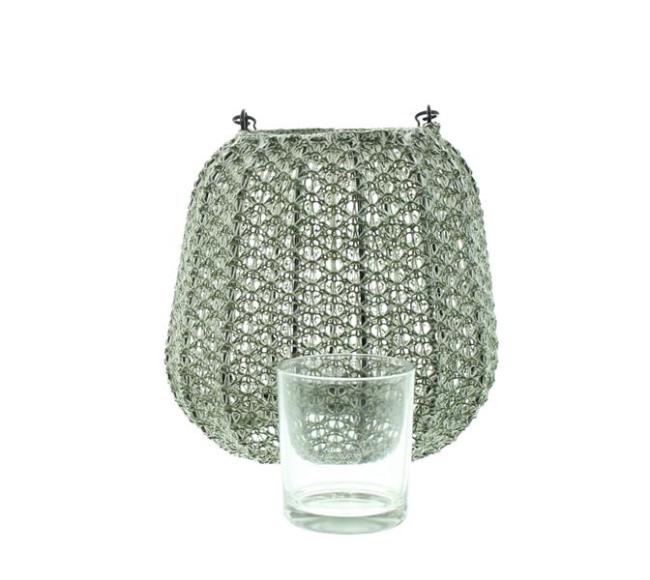 Laterne "Gehäkelt" aus Garn in grün, Deko Kerzenlaterne Ø 20 x 18 cm, Kerzenhalter mit Windlicht Glas