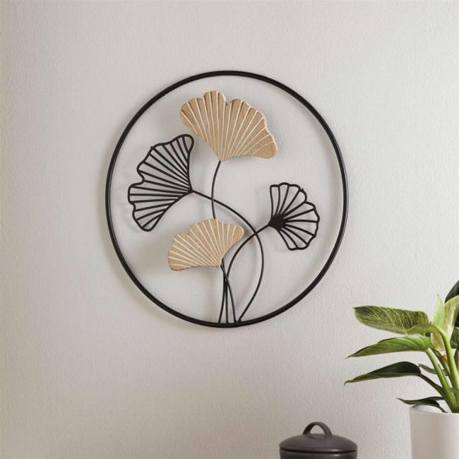 Wanddeko "Ginkgo" aus Metall & Holz, Ø 40 cm, Wandbild, Wandschmuck, Metalldeko