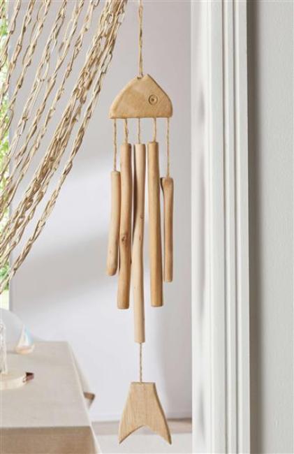 Preview: Windspiel "Fisch" aus Holz, 63 cm hoch, maritm, Outdoor Klangspiel für Garten, Balkon & Terrasse