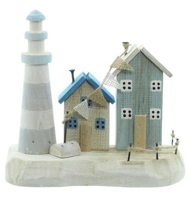 Preview: Dekoobjekt "Küstenpromenade" aus Holz, Häuser & Leuchtturm, maritime Deko, Sommerdeko, Holzdeko