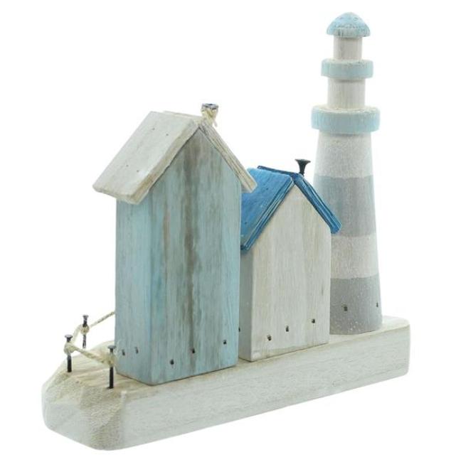 Preview: Dekoobjekt "Küstenpromenade" aus Holz, Häuser & Leuchtturm, maritime Deko, Sommerdeko, Holzdeko