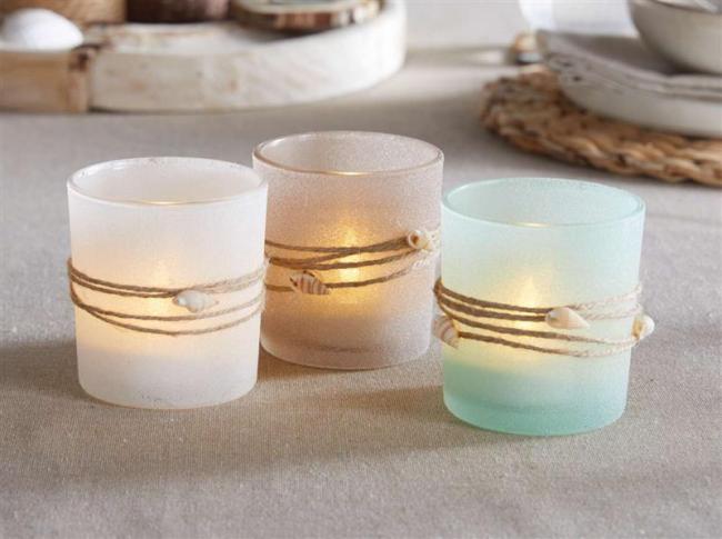 Preview: 3x Windlicht „Maritim“ Teelichthalter aus Glas mit Muscheln, Teelichtgläser Set, Kerzengläser