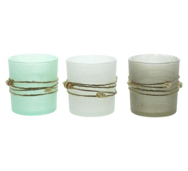 Preview: 3x Windlicht „Maritim“ Teelichthalter aus Glas mit Muscheln, Teelichtgläser Set, Kerzengläser