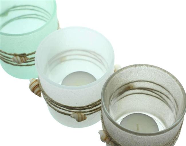 Preview: 3x Windlicht „Maritim“ Teelichthalter aus Glas mit Muscheln, Teelichtgläser Set, Kerzengläser