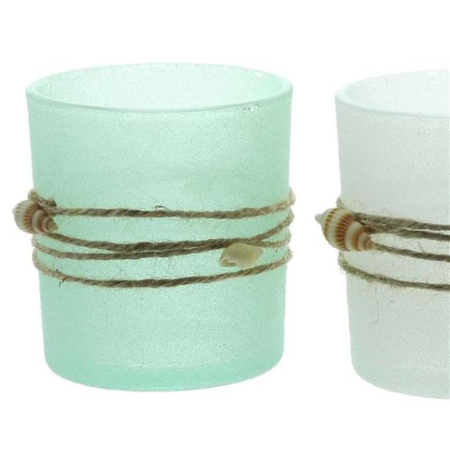 3x Windlicht „Maritim“ Teelichthalter aus Glas mit Muscheln, Teelichtgläser Set, Kerzengläser