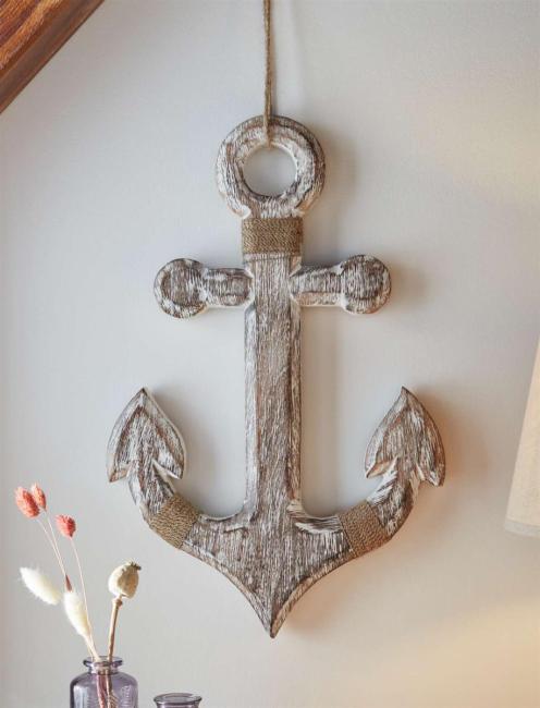 Dekofigur "Anker" aus Mango Holz, weiß, 31x48 cm, Dekohänger im Shabby Look, Deko maritim für Wand, Fenster & Tür