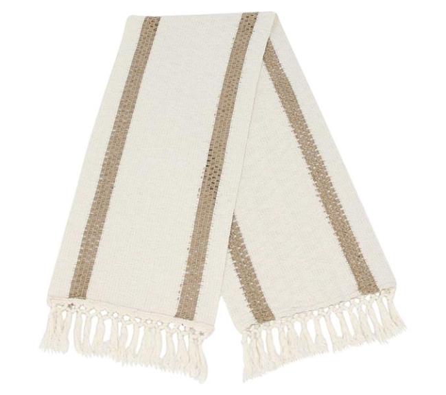 Preview: Tischläufer "Boho" beige, 30x140 cm, Tischband mit Fransen, Mitteldecke