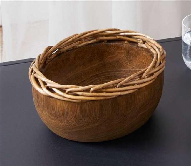 Preview: Schale "Nature" aus Holz, rund, mit Flechtrand aus Weide, Ø 20 x 10 cm, Dekoschale, Schüssel für Snacks, Schmuck, Obst