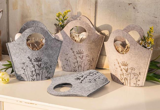 4x Filztasche "Blumenwiese" beige & grau, Filz aus recyceltem PET, Geschenktasche, Osterkörbchen, Filzbeutel
