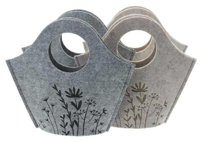 Preview: 4x Filztasche "Blumenwiese" beige & grau, Filz aus recyceltem PET, Geschenktasche, Osterkörbchen, Filzbeutel