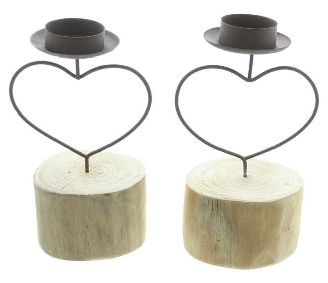 Preview: 2x Teelichthalter „Herz“ aus Metall mit Rost Finish auf Baumscheibe, Kerzenständer mit Sockel aus Holz, Wohnzimmer & Balkon Deko
